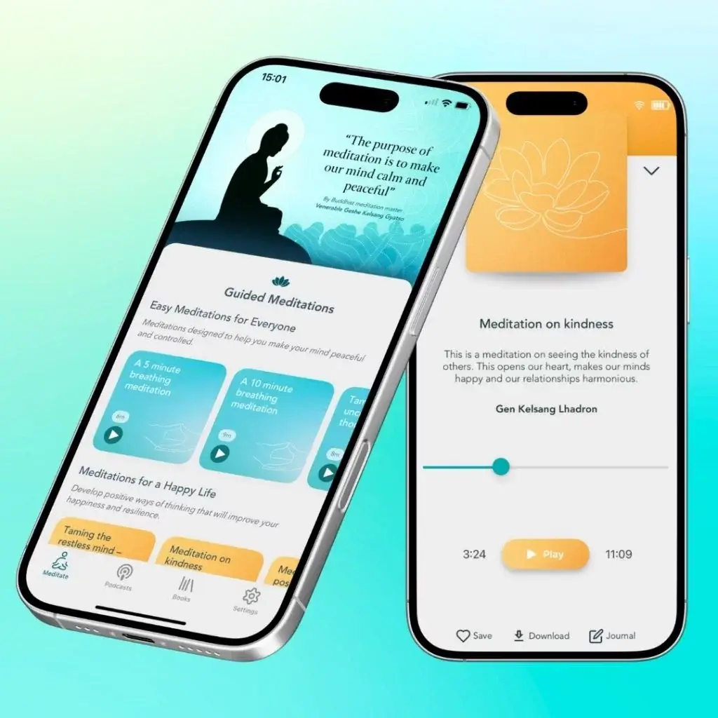 The kadampa meditation app as it would appear of a mobile phone