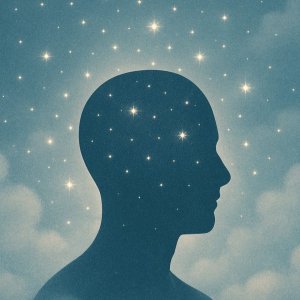 a silhouette of a head against a sky with stars and clouds