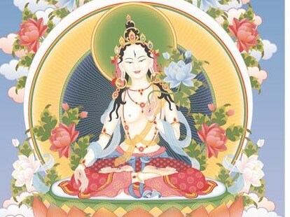A beautiful image of White Tara, a female enlightened being.